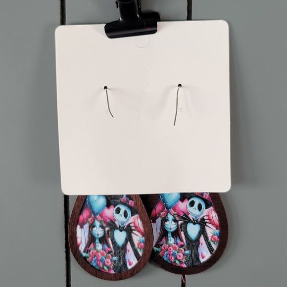 Gothic Teardrop Wood Earrings Jack & Sally Style 3.25" Dangle Pierced Halloween - Picture 6 of 9